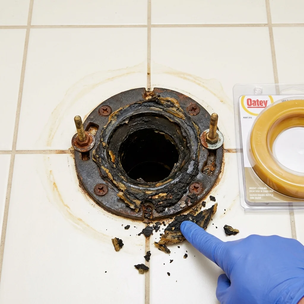 Failed wax ring showing water seepage at the base of a toilet in a Whitehall, MI home