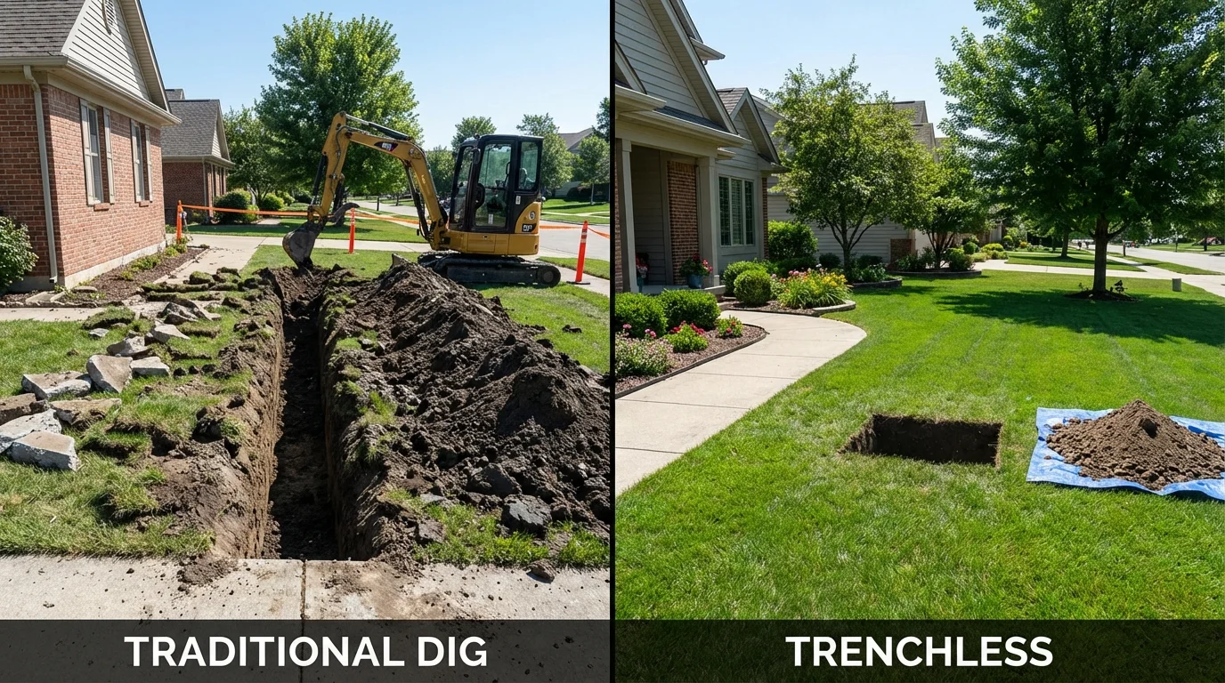 Trenchless sewer repair with minimal yard damage versus traditional excavation in Whitehall, MI