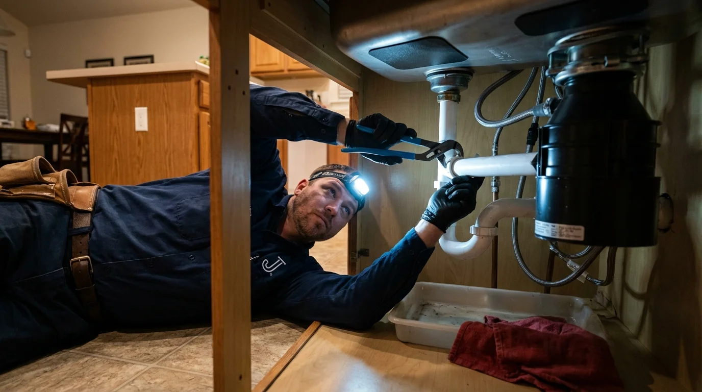 P-trap and supply line connections under a kitchen sink showing a common leak point in Whitehall, MI
